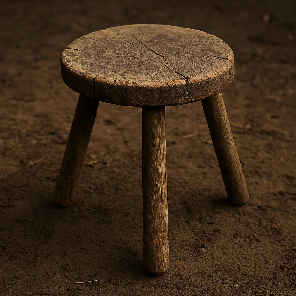 Weathered three-legged wooden stool standing on compacted dirt, symbolizing the one leg missing of embodied Christian discipleship.