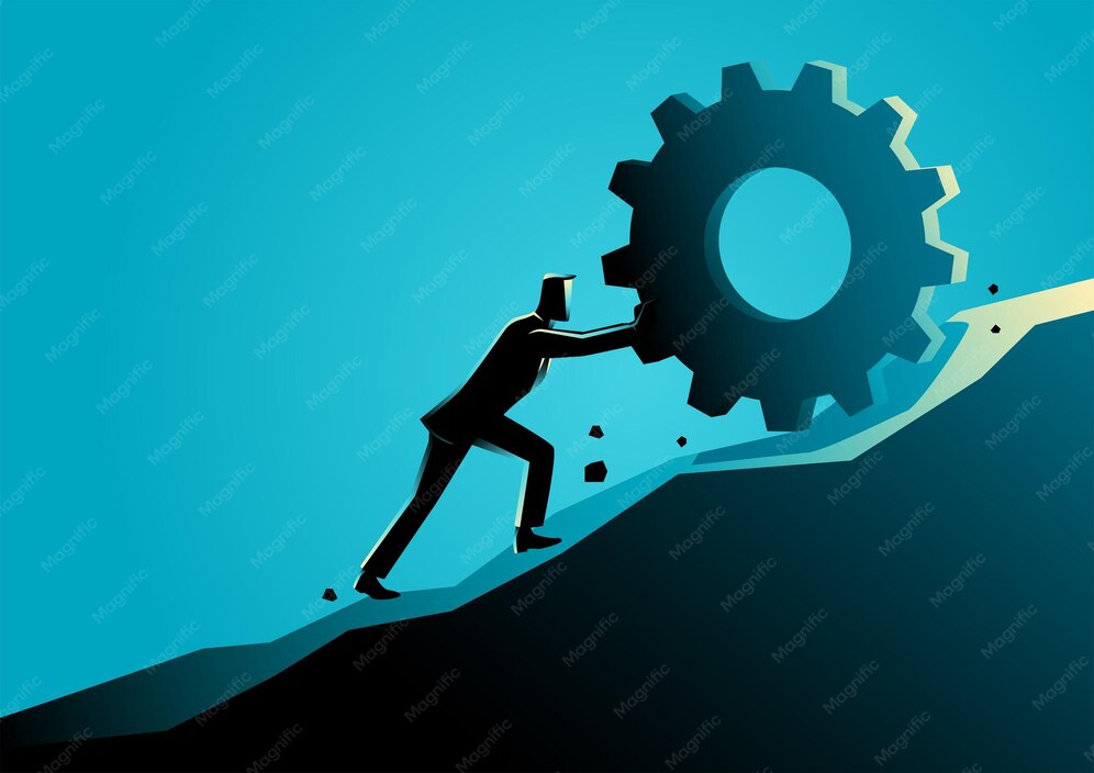 Businessman pushing a gear uphill Sisyphus Eat Pickles
